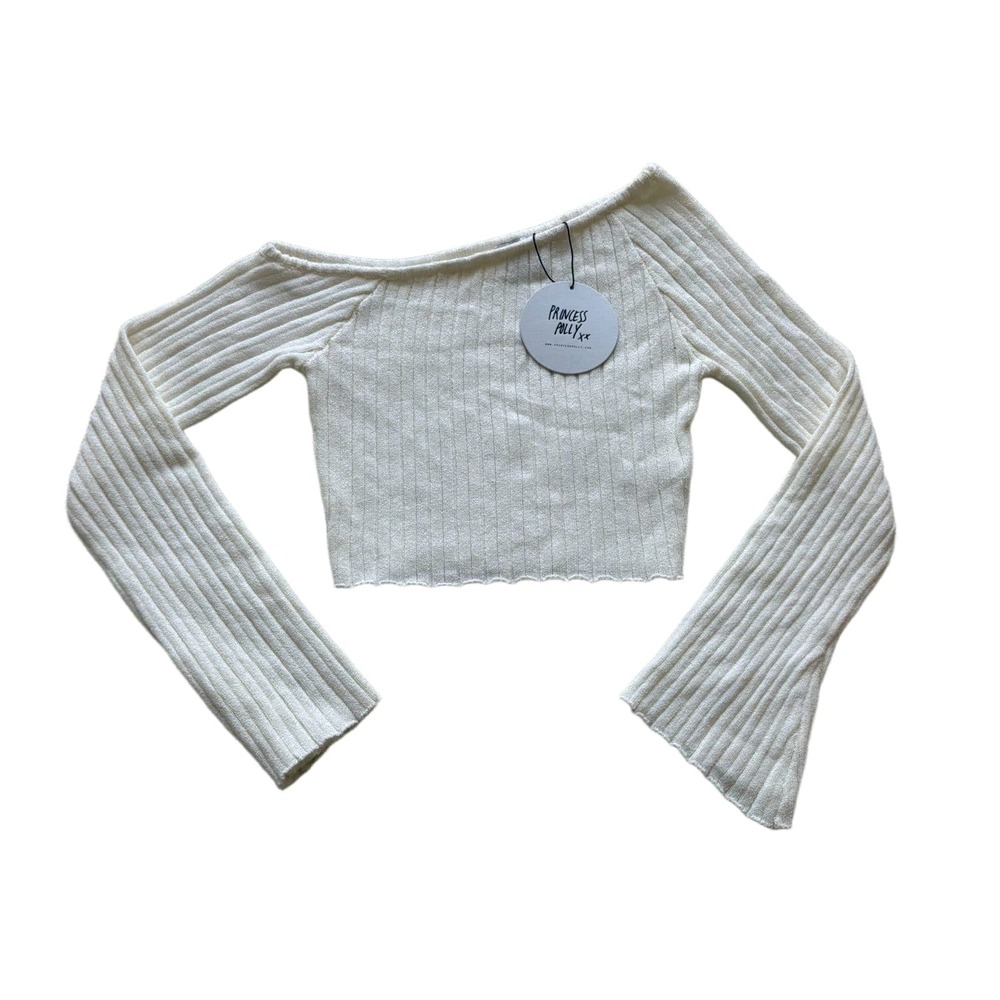 Princess Polly Santorini Knit Top Ivory Off Shoulder Flare Sleeve Crop US 6 NWT